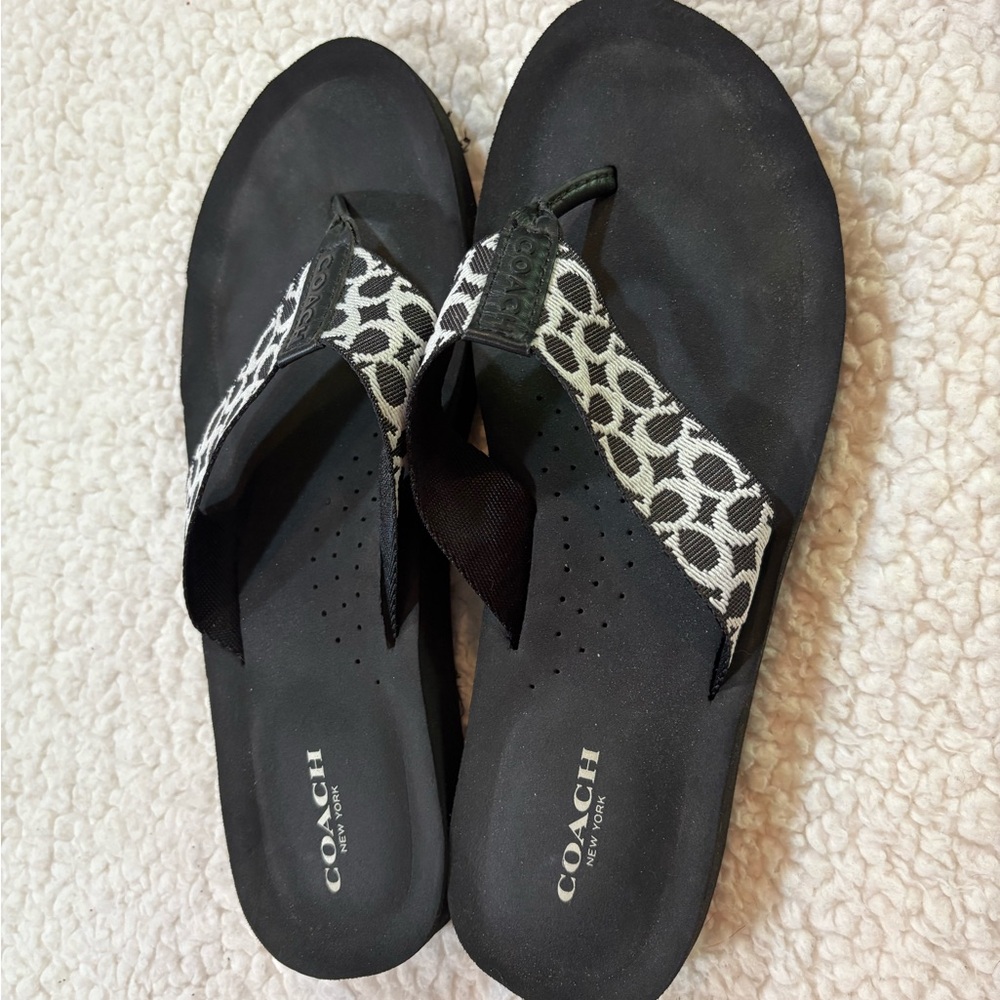 COACH. Black and White Flip Flops - Picture 2 of 6